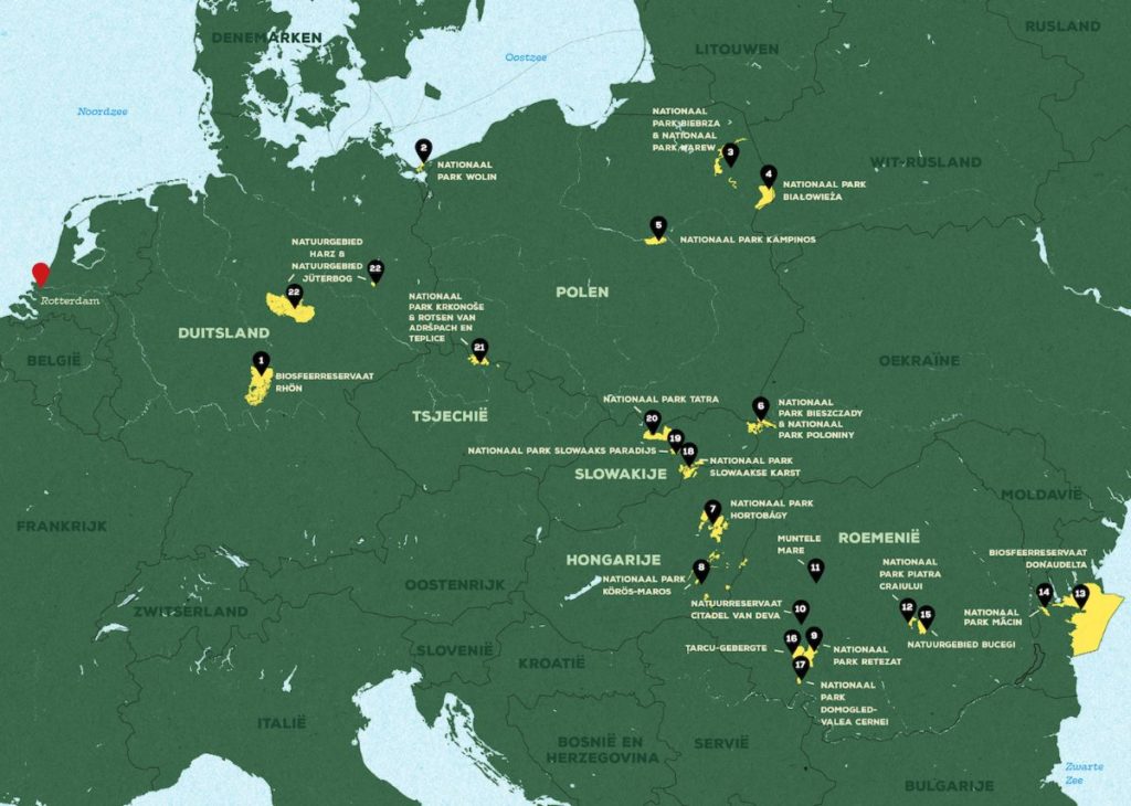 22 natuurparken in Duitsland, Polen, Slowakije, Tsjechië, Roemenië en Hongarije te vinden op de kaart hieronder.